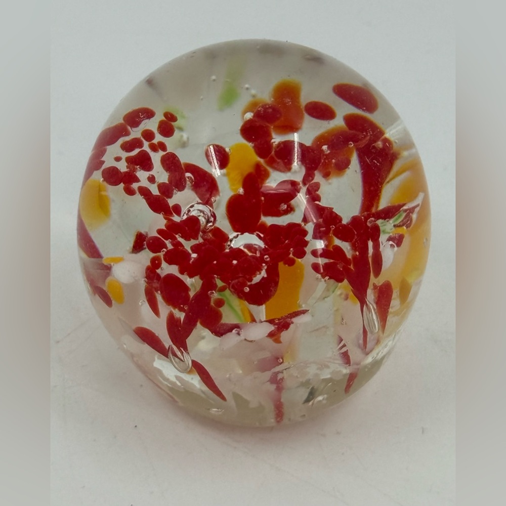 Art Glass Globe Paperweight Yellow Red & White Base 1.75” 8 Ounce Vintage